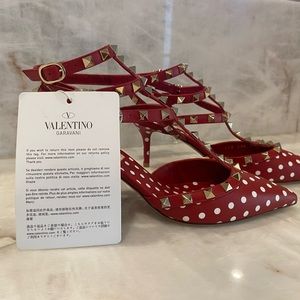 Valentino Rockstud Caged Leather Ankle Strap Pump Red White Polka-dots Size 6.5